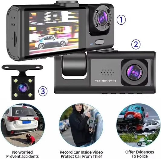 Black Box - Grabadora de tráfico para vehículo: Super HD 1080P con tarjeta de memoria de 32 GB ya instalada; 3 cámaras, detección de movimiento.